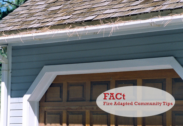 Keep rain gutters free of leaves and needles year-round. Photograph courtesy of University of Nevada Cooperative Extension. Keep rain gutters free of leaves and needles year-round. Photograph courtesy of University of Nevada Cooperative Extension.